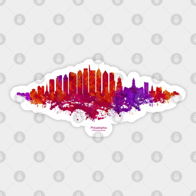 Philadelphia City Skyline - Watercolor Red, orange, purple Sticker by SPJE Illustration Photography